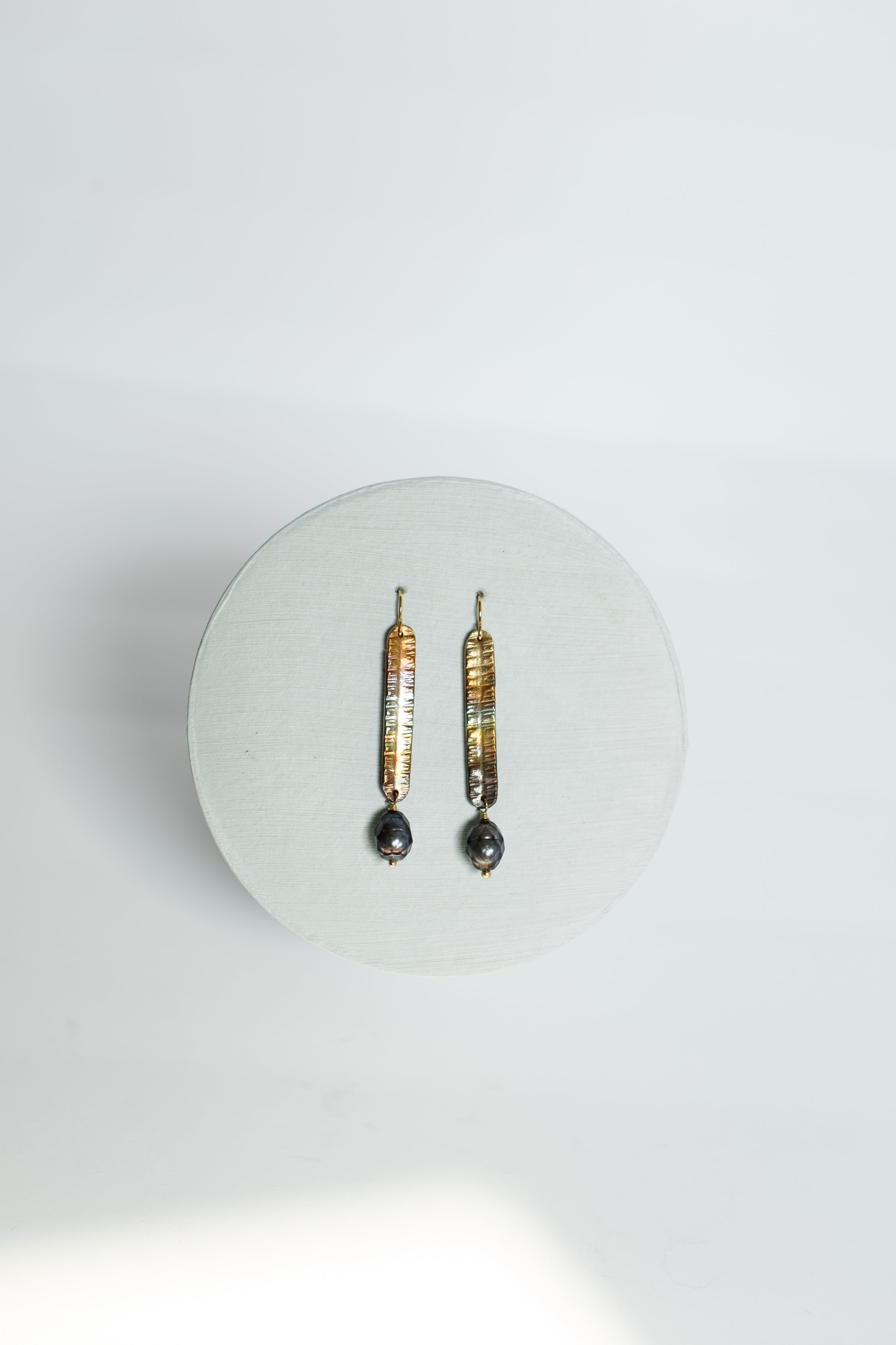 Refined Through Fire Earrings | FW Pearl & Repurposed Auto Copper Brake Line | Gold Plated Ear Wire
