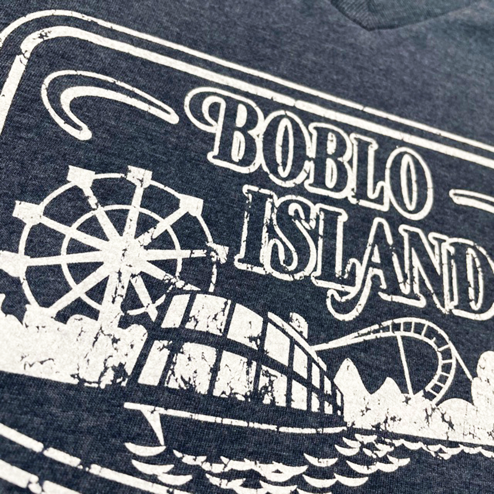 Ladies Relaxed V-neck Detroit Boblo Island T-shirt - Heather Navy