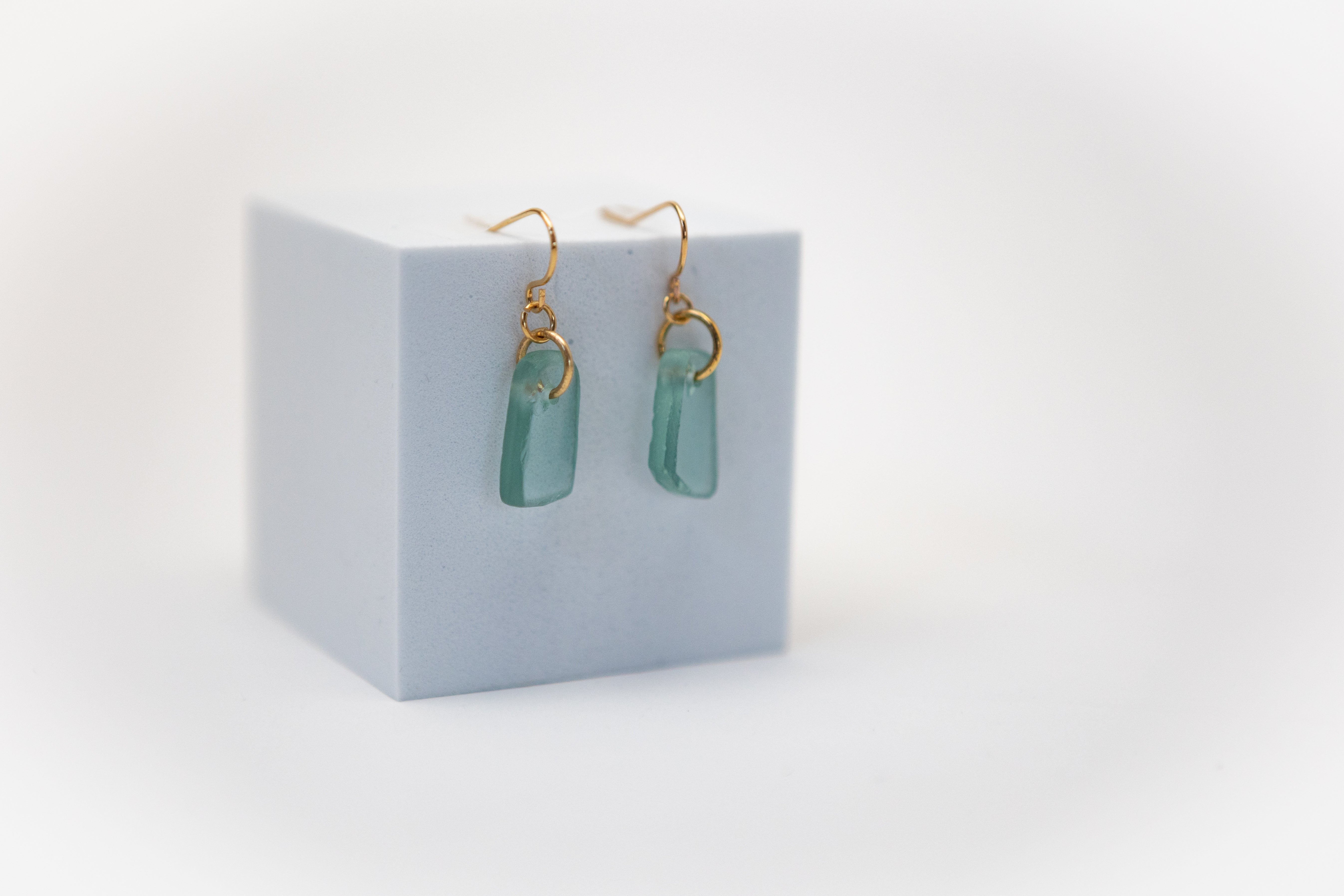 See Me Through Earrings | Repurposed Auto Windshield Glass in Aqua & Black | Gold Plated Ear Wire