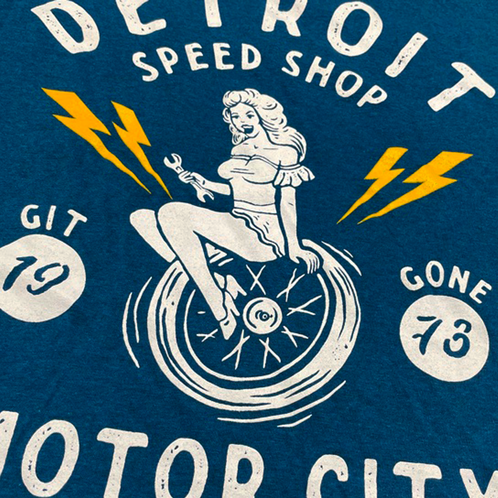 Mens Detroit Speed Shop Pin-up T-shirt - Heather Dark Ocean Blue