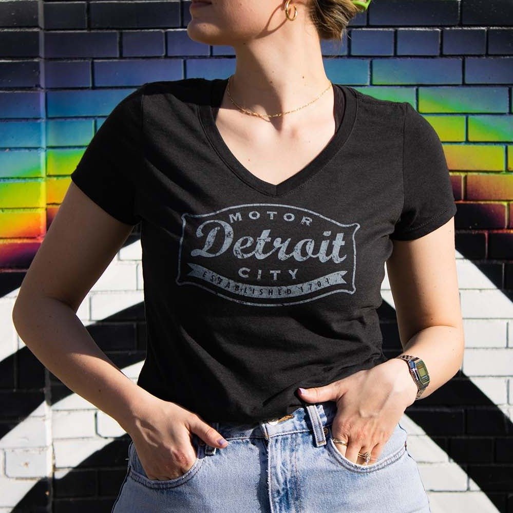 Ladies Relaxed V - neck Detroit Buckle T-shirt - Heather Black - Detroit Shirt CompanyDetroit Shirt CompanyT-Shirts (Apparel)