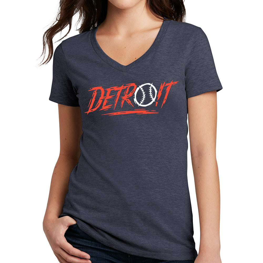 Ladies V-Neck Detroit Baseball Score - Heather Navy