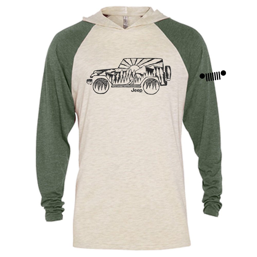 Mens Jeep® Atomic Side Long Sleeve Hooded T-Shirt - Moss Green / Natural - Detroit Shirt CompanyFCA - JeepT-Shirts (Apparel)