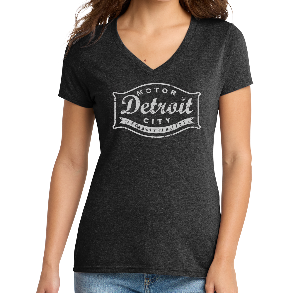 Ladies Relaxed V-Neck Detroit Buckle - Heather Black