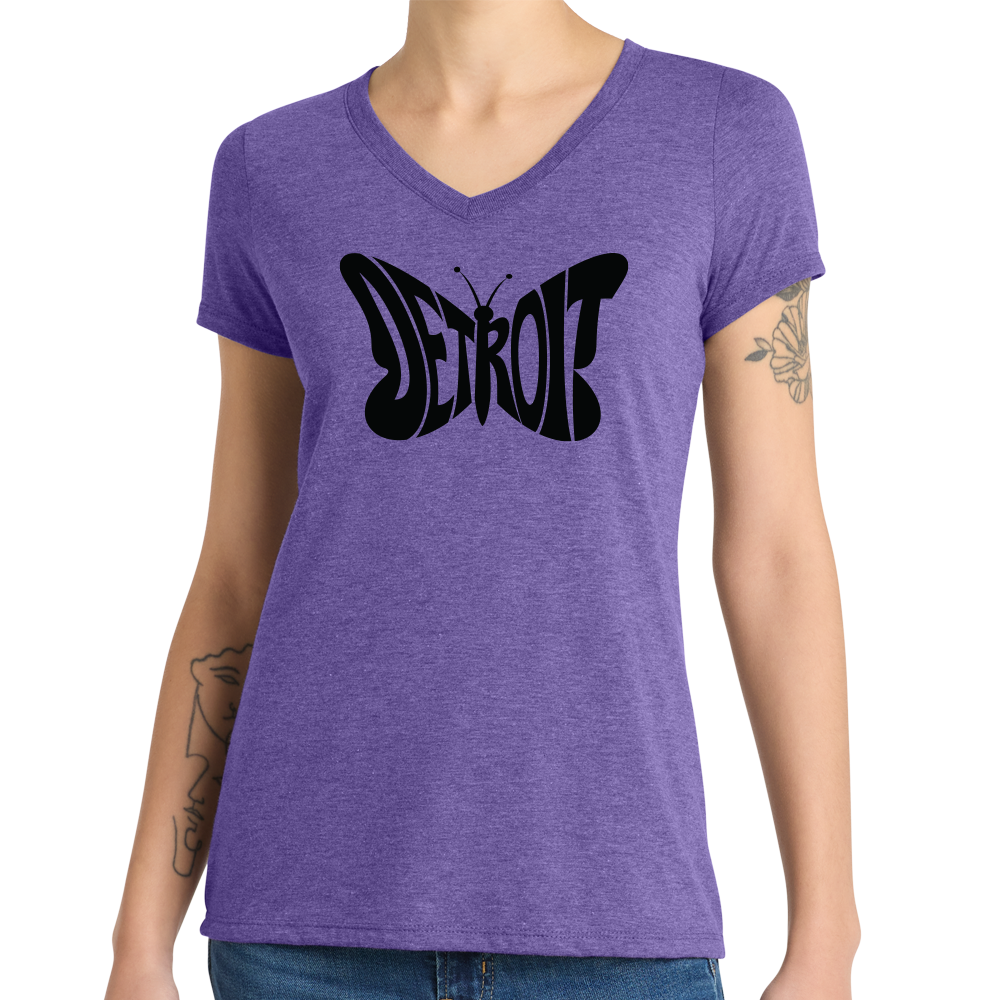 Ladies Relaxed V-Neck Detroit Butterfly - Triblend Orchid