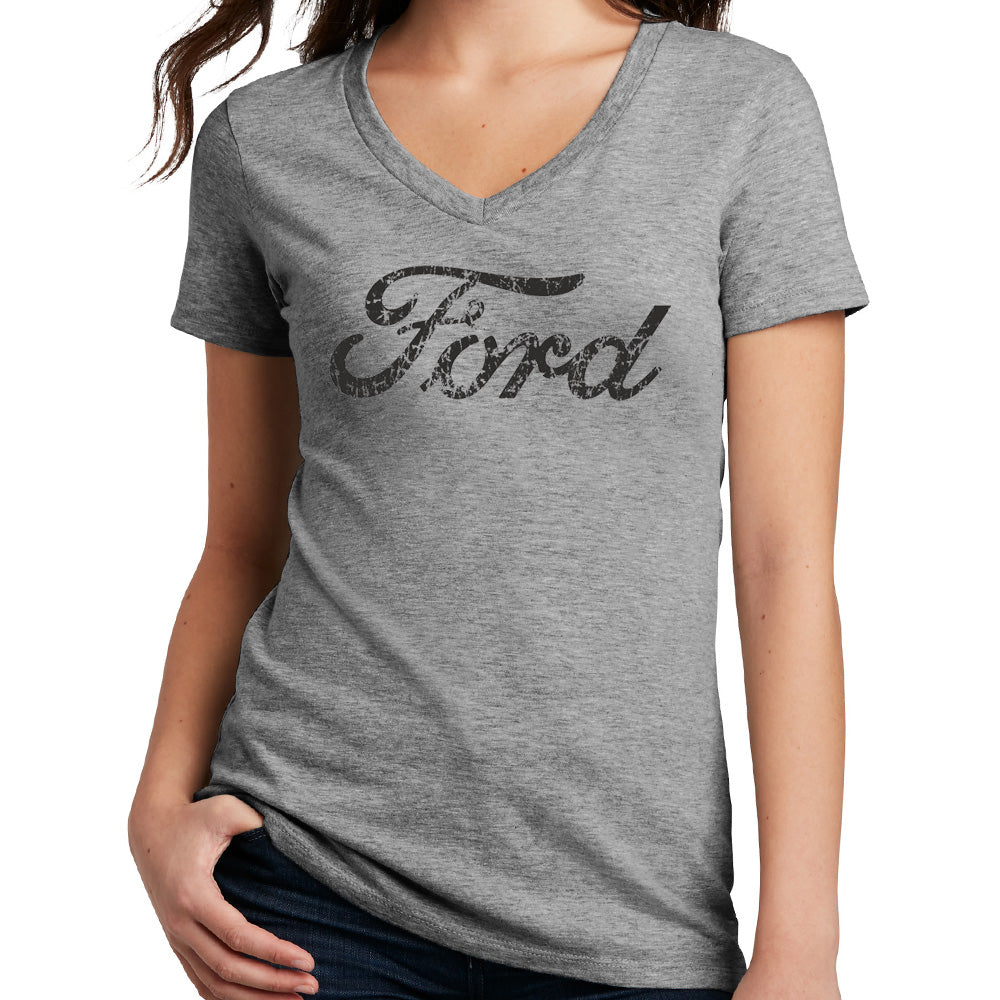Ladies V-Neck - Ford Text Distressed