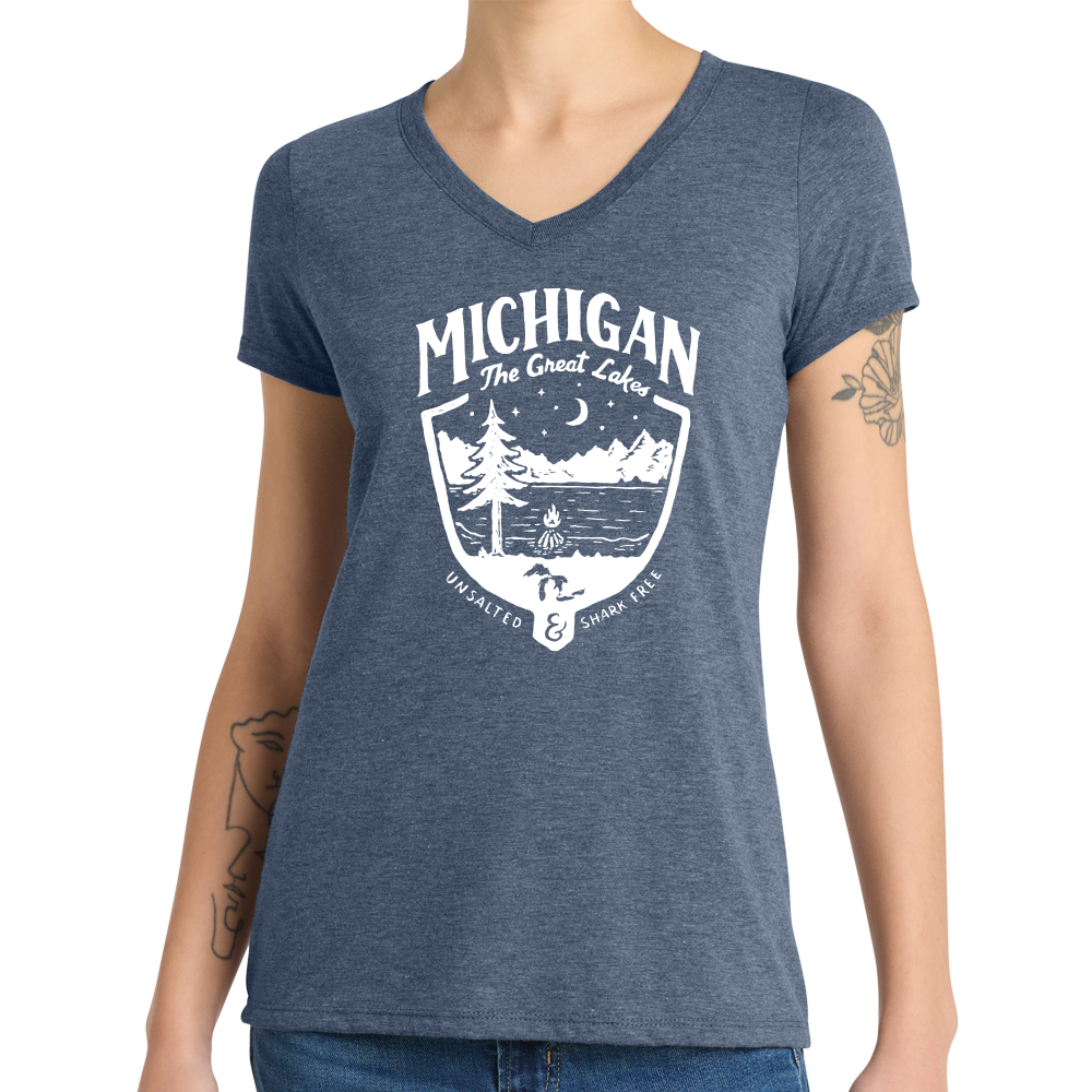 Ladies Relaxed V-Neck Michigan Shield - Heather Navy