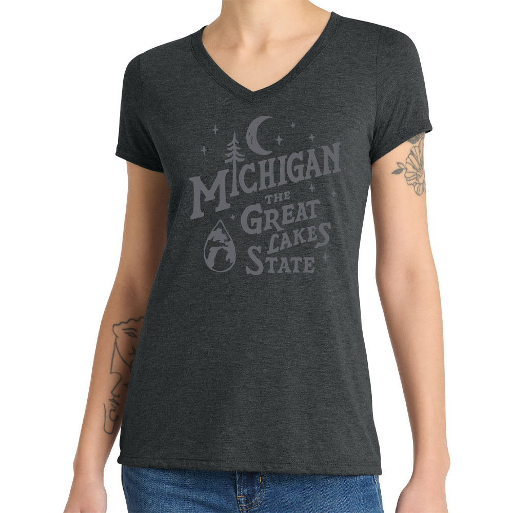 Ladies Relaxed V-Neck Michigan Vintage Font - Heather Black