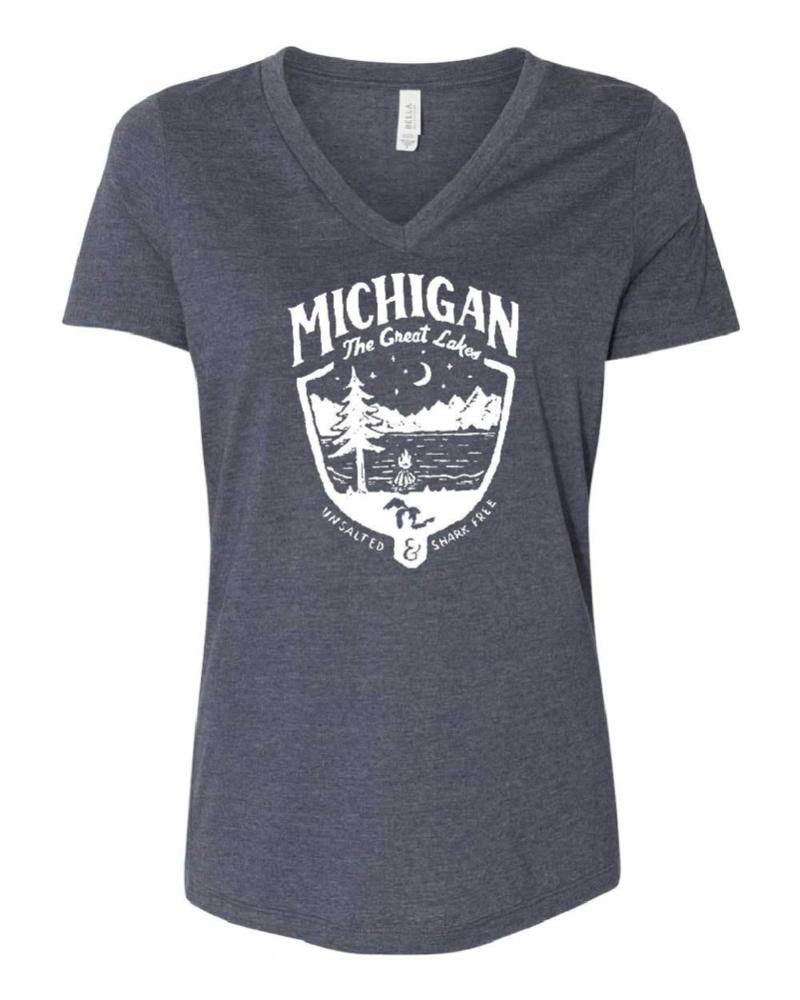 Ladies Relaxed V - neck Michigan Shield T-shirt - Heather Navy - Detroit Shirt CompanyDetroit Shirt CompanyT-Shirts (Apparel)