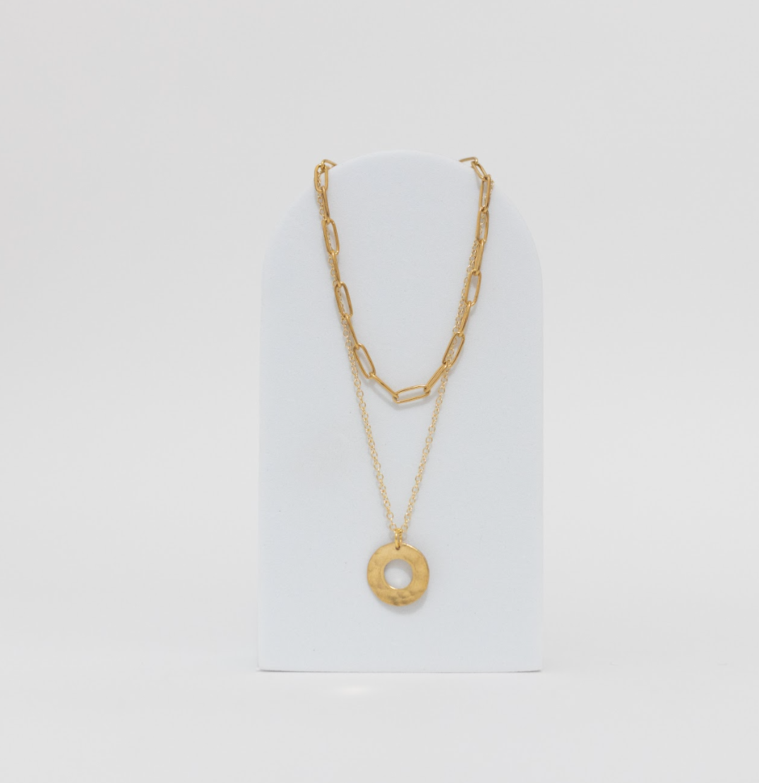 Harmony  Necklace | Recycled Auto Brass Washer | 18K Gold Plated Two Strand Chain & Pendant