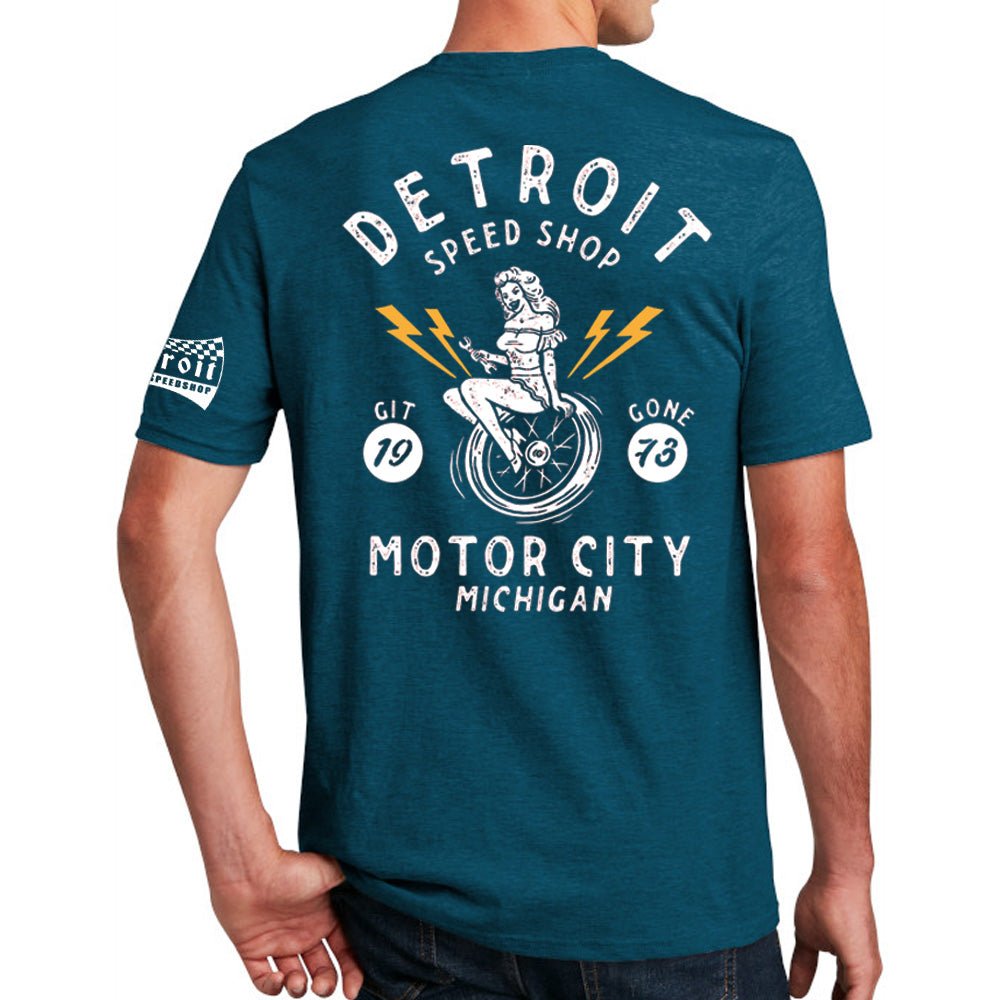 Mens Detroit Speed Shop Pin - up T-shirt - Heather Dark Ocean Blue - Detroit Shirt CompanyDetroit Shirt CompanyT-Shirts (Apparel)