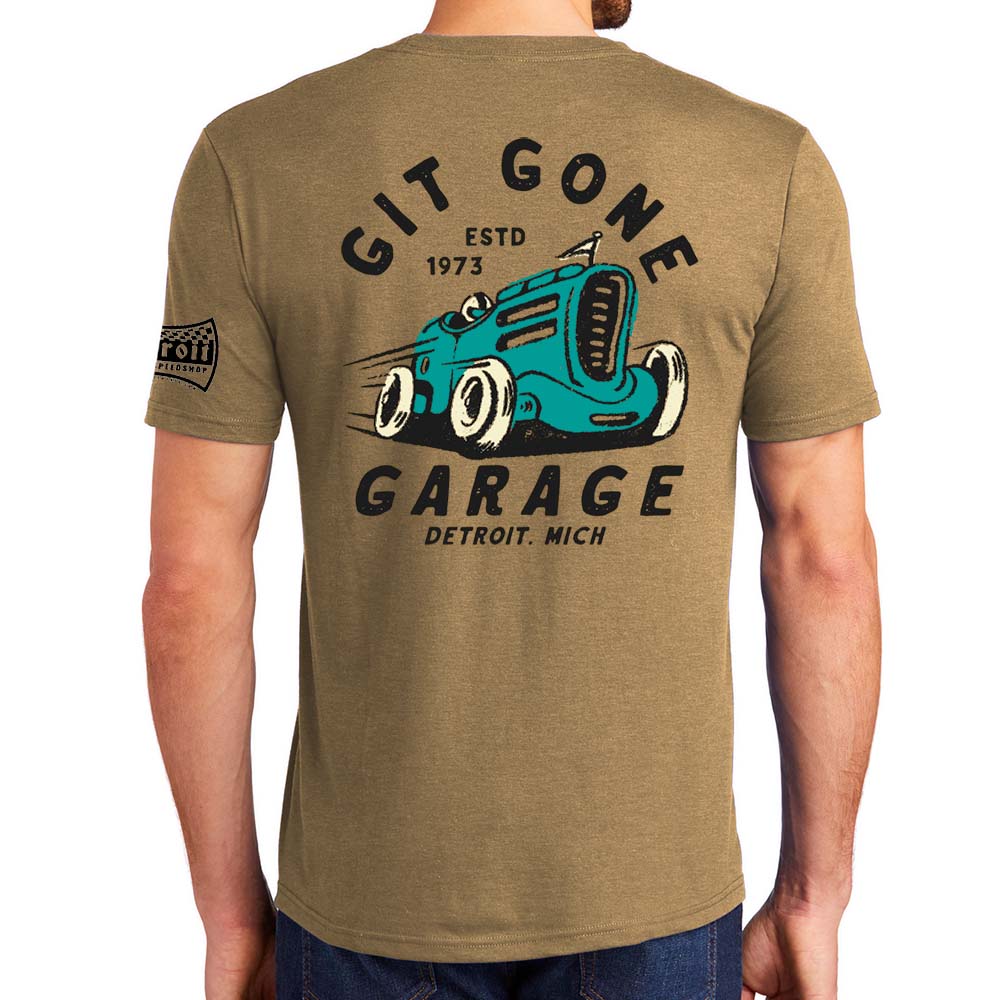 Mens Detroit Speed Shop Git Gone Garage T-shirt - Coyote Brown Triblend - Detroit Shirt CompanyDetroit Shirt CompanyT-Shirts (Apparel)