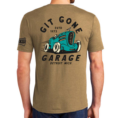 Mens Detroit Speed Shop Git Gone Garage T-shirt - Coyote Brown Triblend - Detroit Shirt CompanyDetroit Shirt CompanyT-Shirts (Apparel)