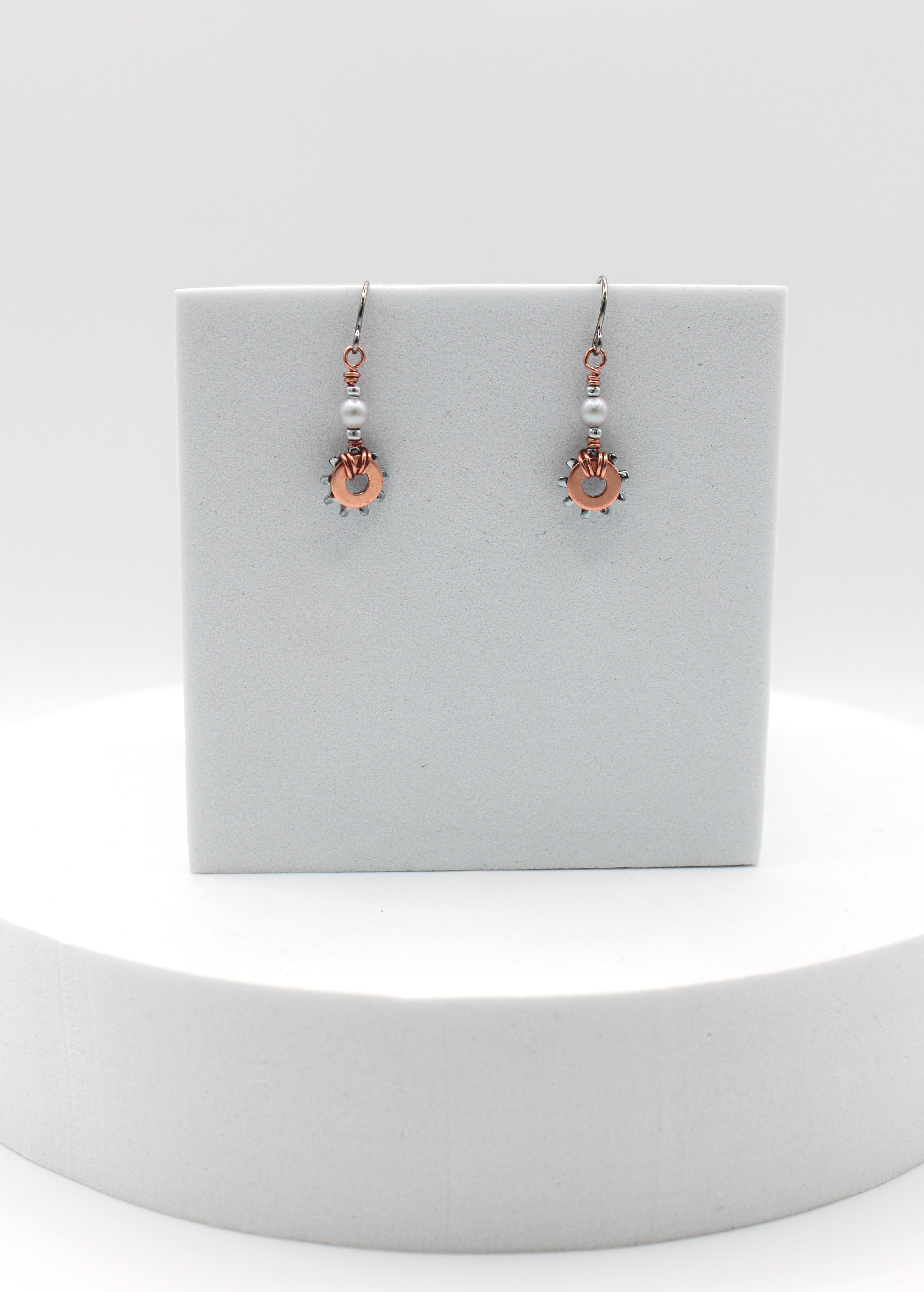 Shine Earrings | Repurposed Copper & Steel Auto Parts | Crystal Pearls | Stainless Steel Ear Wire