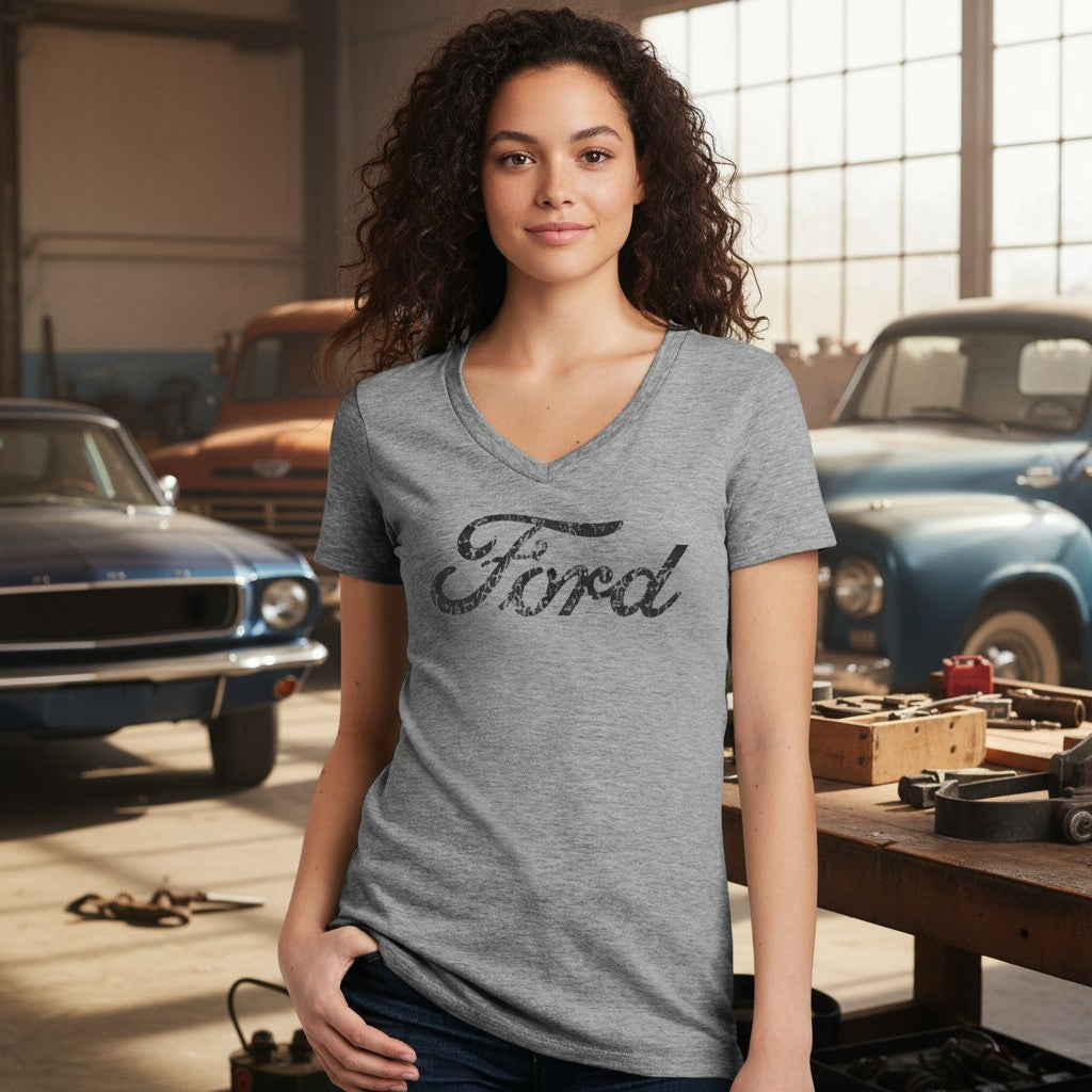Ladies V-Neck - Ford Text Distressed