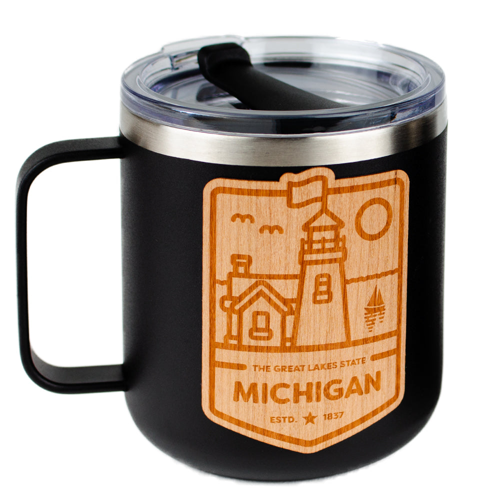 Mug - Michigan Lighthouse Wood Decal Powder Coated Camper - Black