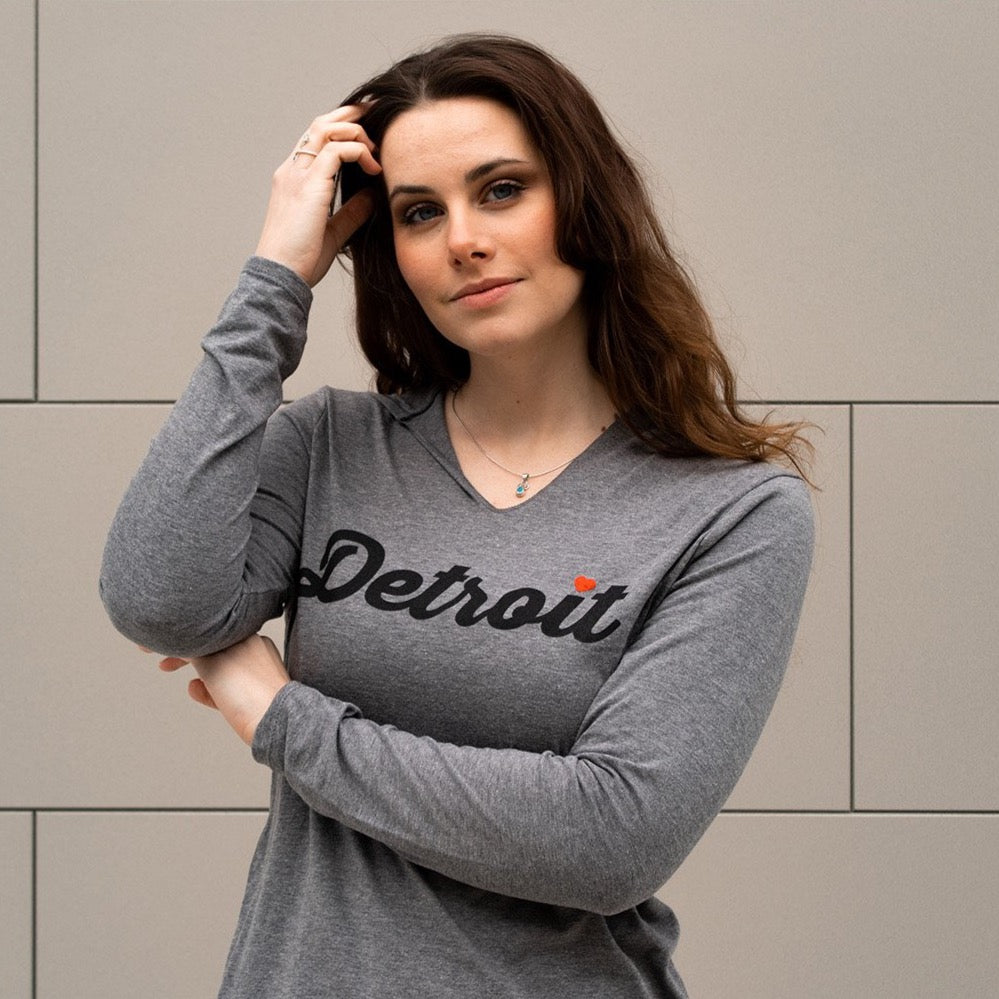 Ladies Detroit Heart Long Sleeve Hooded T-shirt - Heather Grey