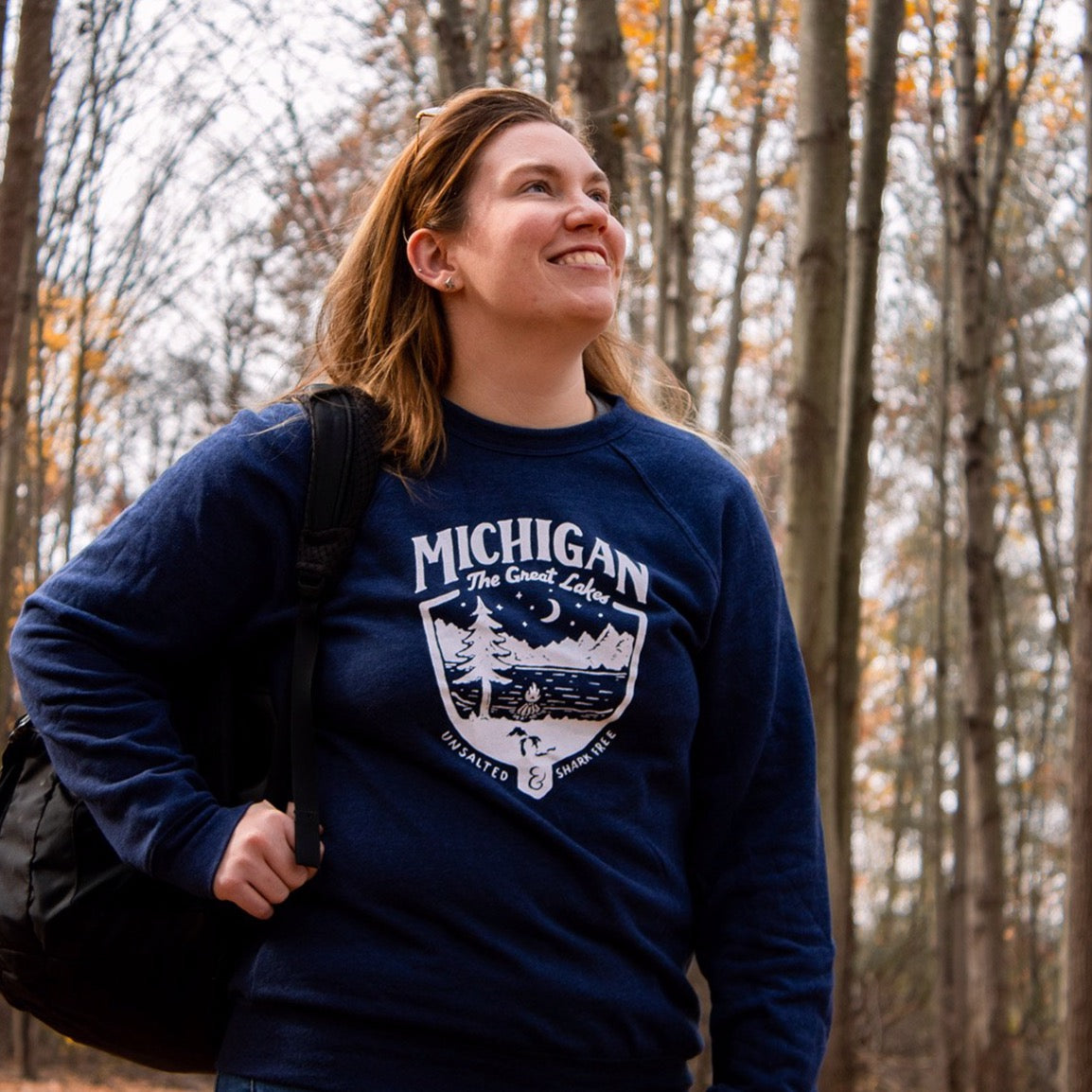 Michigan Shield Triblend Fleece Crew Sweatshirt (Navy)