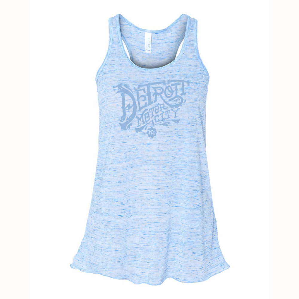 Ladies Relaxed Racerback Tank Top - Detroit Vintage Font Blue Marble